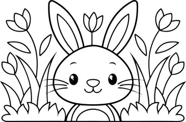 Cute Bunny Among Tulip Flowers Outline on Transparent Background