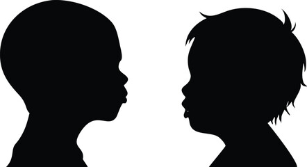 Two Kids Side Silhouette Portraits, Face to Face, Isolated on Transparent Background