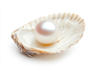 Beautiful pearl resting in a scallop shell on a white background