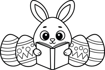 Line art rabbit reading book with Easter eggs, transparent background holiday