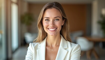 Smiling businesswoman in white blazer at modern office. Happy lady with perfect smile. Corporate portrait in business setting. Attractive woman with long blonde hair at work. Confident manager ready