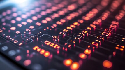 Illuminated keyboard with glowing red lights under the keys in a low-light setting