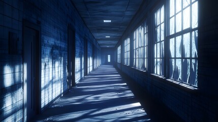 Obraz premium Long empty hallway of an abandoned asylum with broken windows and eerie shadows