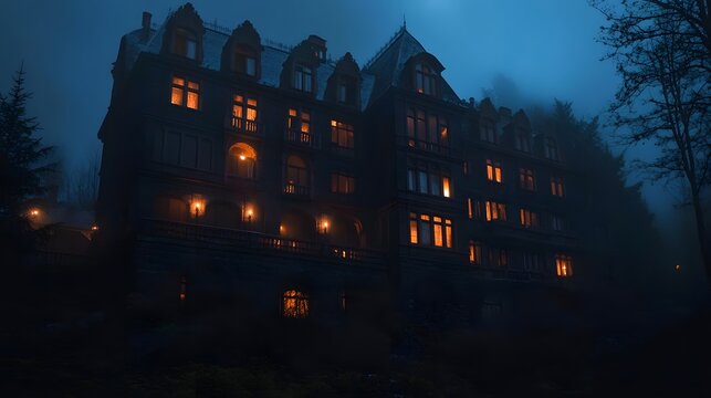 Exterior view of a haunted hotel with dim lights flickering in the windows at night