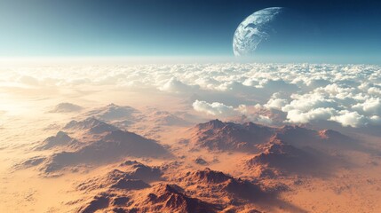 A vast desert landscape set against a clear sky evokes feelings of isolation, adventure, and the enormity of nature