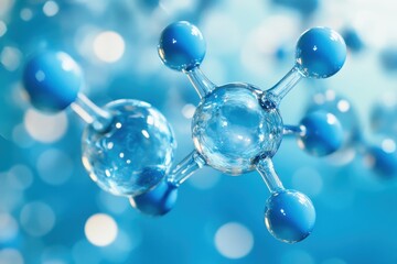 A shiny, blue molecule structure with spherical atoms and connecting bonds is visible. Ideal for science, medicine, research, or innovative technology presentations.