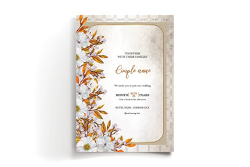 WEDDING INVITATION FRAME WITH FLOWER DECORATIONS AND FRESH LEAVES