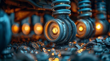 Obraz premium Close-Up View of Motorcycle Suspension with Vibrant Illuminated Details