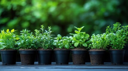 Assortment of Fresh Herbs in Pots Against a Green Background