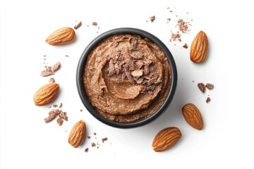 Chocolaty almond spread with toppings on a clean background