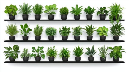 Lush Green Potted Plants on Three Shelves Against a White Wall