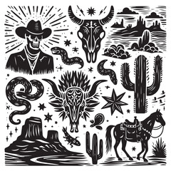 Linocut western boho set vector, Texas desert engraving print collection, vector canyon wildlife, cactus. Texture grunge Arizona rodeo graphics, bull, horse, snake, skull silhouette. 