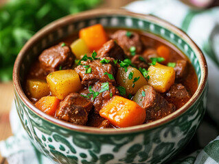 Delicious beef stew with vegetables in a rustic bowl