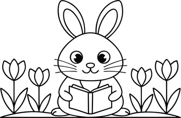 Outlined Cartoon Rabbit Reading in a Garden of Tulips with Transparent Background