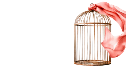 Vintage birdcage draped with coral fabric, cut out transparent
