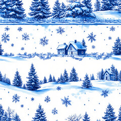 Blue Ink Winter Village Seamless Pattern with Snowy Landscape and Pine Trees