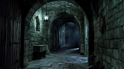 Obraz premium Stone corridor in a medieval castle said to be haunted by a spirit from the past