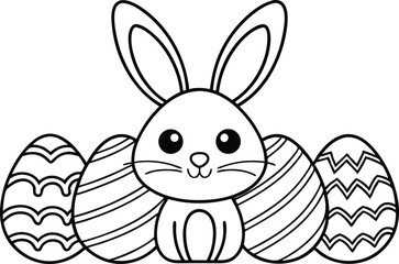 Outline Bunny with Decorated Eggs on Transparent Background, for Kids