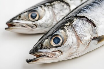 Two silver fish heads are positioned against a white backdrop