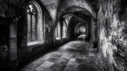 Obraz premium Stone corridor in a medieval castle said to be haunted by a spirit from the past