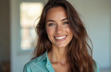Portrait beautiful woman with long brown hair and big smile. Confident happy female person. Face close up, healthy skin. Smiling, cheerful, attractive, positive energy.