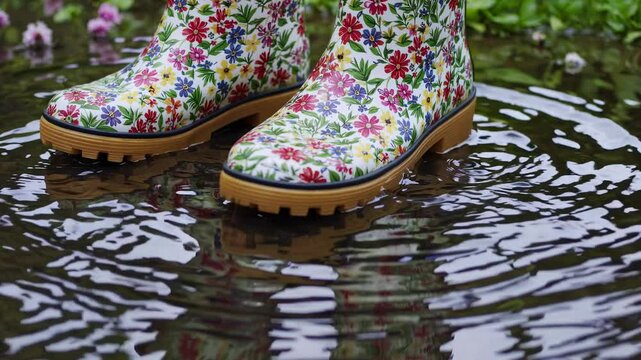Bright floral rubber boots stand in a puddle with rippling water. The design features spring flowers in vibrant hues. Ideal for rainy spring and summer days