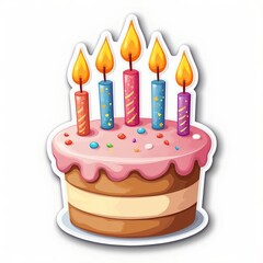 Die cut sticker of birthday cake with candles and sprinkles isolated on white background