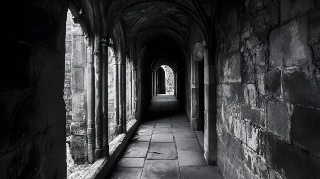 Stone corridor in a medieval castle said to be haunted by a spirit from the past
