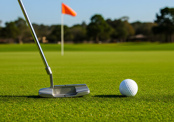 Obraz premium Golf Putter on Green with Golf Ball and Flag in Background