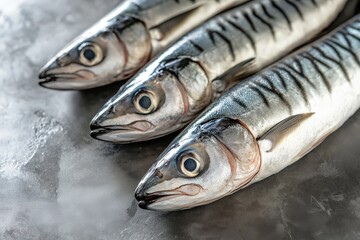 Three Fresh Raw Fish Displayed Neatly on a Gray Surface