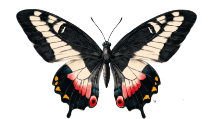 Butterfly illustration with black and white wings pattern , cut out transparent