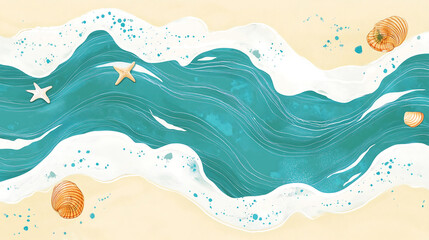 Watercolor beach scene with turquoise waves, seashells, and starfish, creating a relaxing, coastal atmosphere perfect for ocean-themed art, summer, beach illustrations, and serene backgrounds.