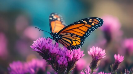 Naklejka premium Monarch Butterfly on Purple Flowers in a Vibrant Garden