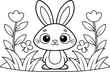 Cartoon Outline Bunny in a Flower Garden with Transparent Background Clipart