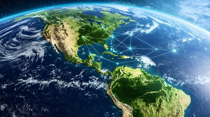 Fototapeta premium A digital rendering of Earth, centered on North and Central America, showcasing a network of interconnected nodes across the continents and the Caribbean, highlighting global connectivity.
