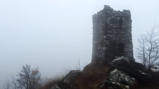 View of an old stone tower on a foggy day rumored to be a site of paranormal activity