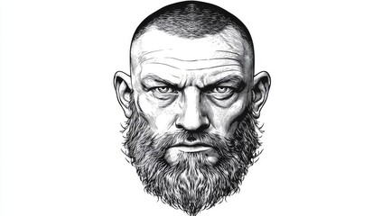 Abstract hand-drawn art of a handsome bearded man in black and white, showcasing male beauty