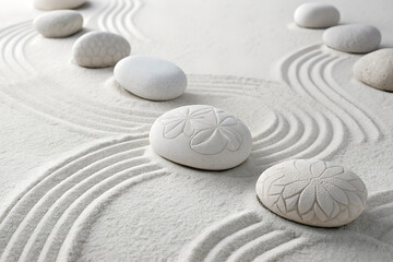 White smooth stones create abstract composition. Stones with intricate patterns, various shapes. Light and shadow enhances texture and depth. Zen, spa, wellness concept