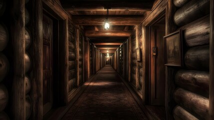 Long dark corridor in an old hotel rumored to be haunted by former guests
