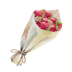 Fresh ripe strawberries in paper cone tied with thread hand drawn watercolor illustration isolated on white background. Bright harvest clipart of juice garden berries for farm, garden, summer designs