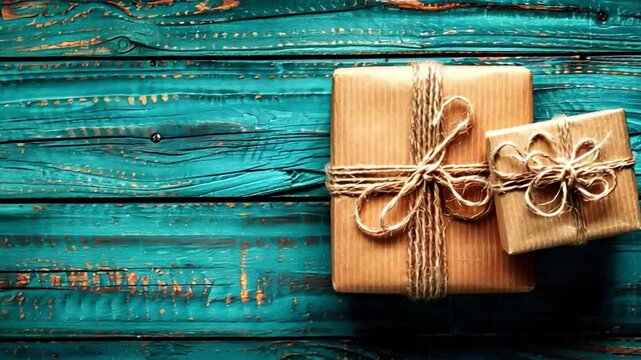 Wrapped gift on a wooden background, creates a cozy and festive atmosphere. Great for advertising gifts, greeting cards, as well as for blogs about needlework and interior design.
