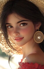 Portrait of a young woman with brown hair and a straw hat