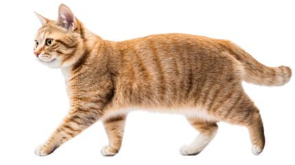 Ginger tabby cat walking elegantly, cut out transparent