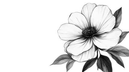 Black and white flower illustration with petals and leaves, cut out transparent