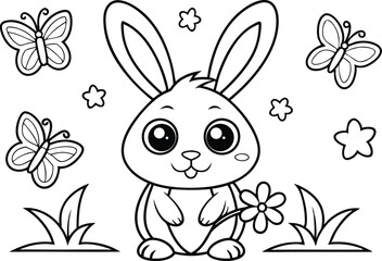 Cute Outline Bunny with Flower, Butterflies, and Starry Elements on Transparent Background