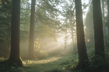 Obraz premium Sunbeams filtering through fog in lush forest