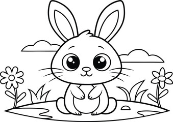 Cartoon Rabbit Sitting on Grass with Flowers Outline on a Transparent Background