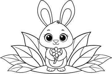 Cute Line Art Bunny Rabbit Holding Flower among Leaves on a Transparent Background