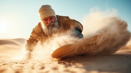 An elderly man passionately sandboarding in a serene desert landscape, creating dynamic trails of sand under the bright sun, showcasing adventure and joy in nature's beauty.