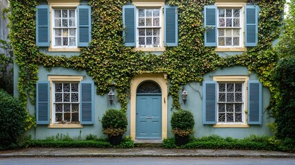 Old house with broken shutters and ivy-covered walls in a haunted neighborhood
